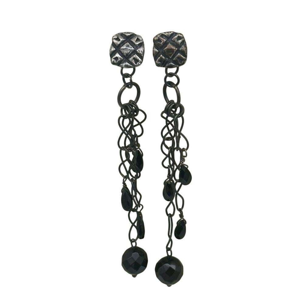 Vintage MOB 925 Mexico Long Dangling Chandelier Earrings With Black Beads
